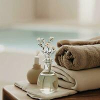 les serviettes bouteille liquide vase fleurs table beige crème Naturel tons petit bien-être relaxation bassin. ai génératif photo