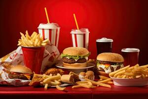 une table de déchet nourriture comprenant hamburgers frites et une tasse de un soda photo