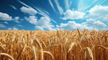 magnifique blé déposé coup et ensoleillé journée avec bleu ciel ai génératif photo