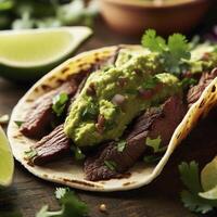 grillé du boeuf taco avec guacamole et coriandre. ai génératif photo