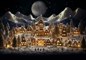 une pain d'épice village à nuit le village est niché dans une vallée, Noël image, photoréaliste illustration photo