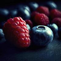 myrtille et framboise fruit sur foncé Contexte. ai génératif photo