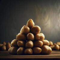 côté vue de patates ensemble dans pyramide forme sur en bois surface et Contexte avec copie espace. ai génératif photo