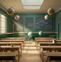 une salle de cours avec une bleu tableau noir, monde élèves journée images photo