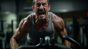 une homme levage poids dans une salle de sport, mental santé images, photoréaliste illustration photo