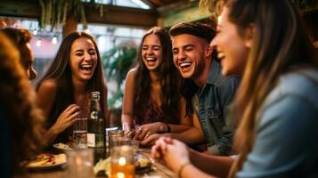 une groupe de copains en riant comme elles ou ils dire histoires, mental santé images, photoréaliste illustration photo
