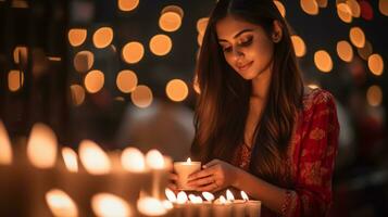 le Jeune Indien Dame est éclairage une bougie tandis que célébrer Diwali, diwali Stock images, réaliste Stock Photos