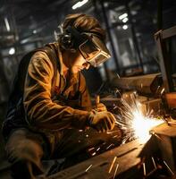 Jeune homme soudage avec des étincelles près le usine, industriel machinerie Stock Photos