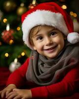 une proche en haut portrait de une enfant séance dans de face de une Noël arbre, Noël image, photoréaliste illustration photo