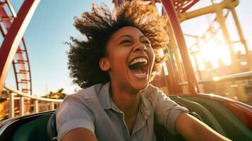 une la personne en riant comme elles ou ils balade une rouleau Coaster, mental santé images, photoréaliste illustration photo