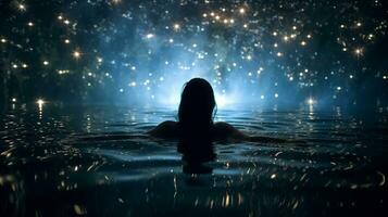 une la personne flottant dans une bassin de l'eau entouré par étoiles, mental santé images, photoréaliste illustration photo