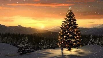 une Célibataire manchot permanent sur une neigeux colline en portant une grand Noël arbre. le manchot est silhouette contre le réglage soleil, Noël image, dessin animé illustration art photo