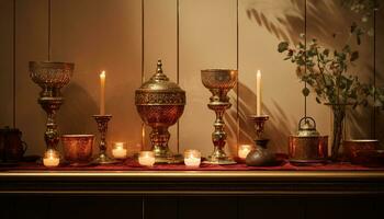 table avec nombreuses laiton bougie titulaires, diwali Stock images, réaliste Stock Photos