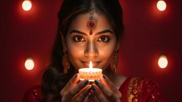 fille détient bougie dans de face de sa visage à jour, diwali Stock images, réaliste Stock Photos