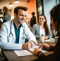une médecin et une patient sont séance à une table dans une café boutique, médical Stock images photo