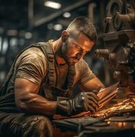 industriel homme travail sur métal assiette dans industriel usine, industriel machinerie Stock Photos