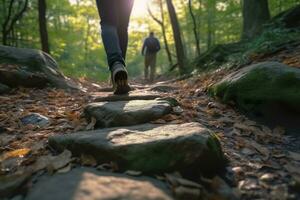 proche en haut une personne pieds en marchant sur rochers, en marchant sur une Piste dans le les bois, Voyage concept. ai génératif photo