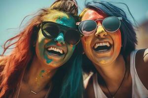 content femmes souriant dans des lunettes de soleil. produire ai photo