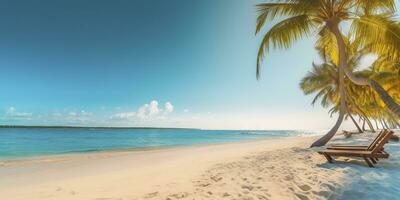 blanc le sable et noix de coco plante Voyage tourisme large panorama Contexte concept. génératif ai photo