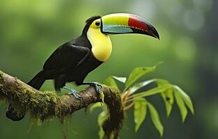 chataîgne mandibulé toucan séance sur le branche dans tropical pluie avec une vert jungle. génératif ai photo