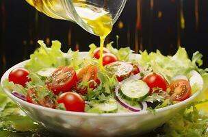 santé avantages de en bonne santé salade, dans le style de précis détaillant, lisse et brillant. génératif ai photo