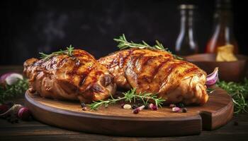 fermer de savoureux rôti poulet Sein servi sur en bois planche. grillé poulet. génératif ai photo