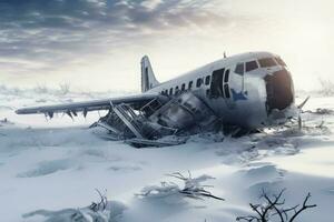 écrasé avion hiver forêt paysage. produire ai photo