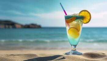 cocktail verre sur le sablonneux plage près le mer dans été temps. génératif ai photo