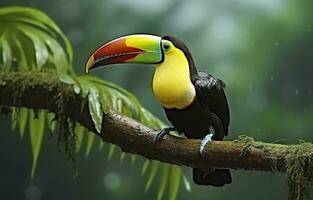 chataîgne mandibulé toucan séance sur le branche dans tropical pluie avec une vert jungle. génératif ai photo