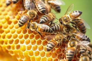 mon chéri les abeilles sur nid d'abeille dans rucher dans heure d'été, mon chéri les abeilles communiquer avec chaque autre, ai génératif photo