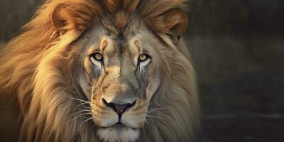 proche en haut de un africain lion. génératif ai photo