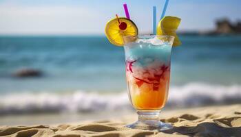 cocktail verre sur le sablonneux plage près le mer dans été temps. génératif ai photo