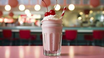 Cerise Milk-shake dans une classique américain le dîner. nourriture la photographie concept. génératif ai photo