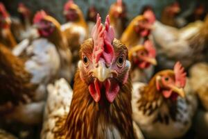 poulet ferme avec beaucoup en bonne santé poulet et Frais œufs, ai génératif photo