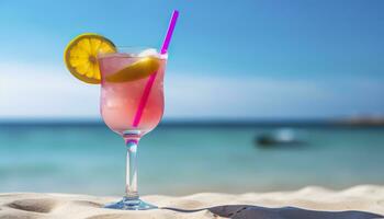 cocktail verre sur le sablonneux plage près le mer dans été temps. génératif ai photo