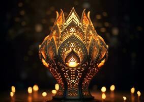 une fermer de une diya lampe avec complexe motifs, diwali Stock images, dessin animé illustration art photo