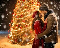 une couple embrassement en dessous de une Noël arbre dans le neige, Noël image, photoréaliste illustration photo