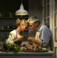 une femme travail avec sa mari dans le cuisine Stock photo Pierre, moderne vieillissement Stock images, ai généré vieillissement images