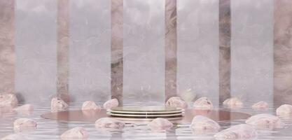rond podium sur l'eau surface Zen Japonais style podium Contexte minimaliste Zen marbre et or Matériel flottant rochers 3d illustration photo