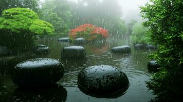 pluie dans le Japonais jardin Zen style 3d illustration photo