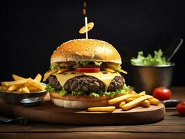 juteux du boeuf Burger et français frites sur une en bois planche isolé sur noir Contexte ai généré photo