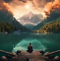 une homme séance sur une Dock à le Lac tandis que en portant une sac à dos, esprit d'aventure Voyage Stock images, Voyage Stock Photos esprit d'aventure