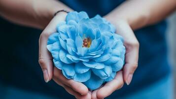 une fermer de une les personnes main en portant une fleur, mental santé images, photoréaliste illustration photo