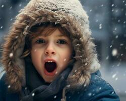 amusement enfant et le sien langue en dehors dans le neige, Noël image, photoréaliste illustration photo