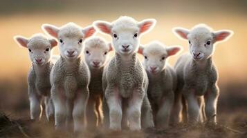 génératif ai, peu agneaux à la recherche à le caméra sur une cultiver, bébé des moutons photo