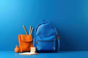 retour à école concept sur bleu Contexte. moderne école sac, livres, accessoires et coloré des crayons avec abaque 3d rendre 3d illustration. génératif par ai. photo