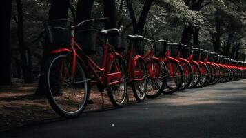 génératif ai, bicyclette partage système, beaucoup rouge ville vélos garé. en bonne santé écologie Urbain transport. photo