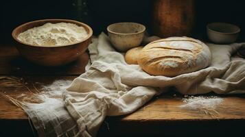 génératif ai, boulanger prépare pain ou boulangerie à le Accueil cuisine, écologiquement Naturel des pâtisseries. photo