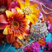 Indien culture fête bijoux colliers avec fleurs et coloré arrière-plans photo
