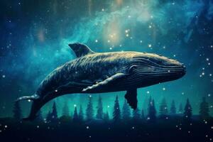 céleste gros baleine flottant dans étoiles. produire ai photo